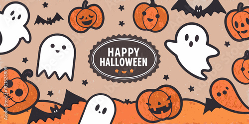 A festive halloween pattern with pumpkins ghosts and bats