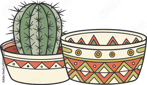Cactus plant in decorative mexican pottery with companion pot decorative pottery
