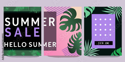 Tropical summer sale advertisement with bold text and vibrant foliage