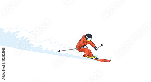 A lone skier in an orange suit carves down a snowy slope, kicking up a trail of powder against a white background.