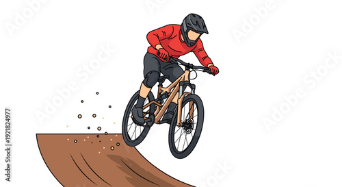 A mountain biker in a red shirt and helmet rides a bicycle, jumping off a dirt ramp against a white background.