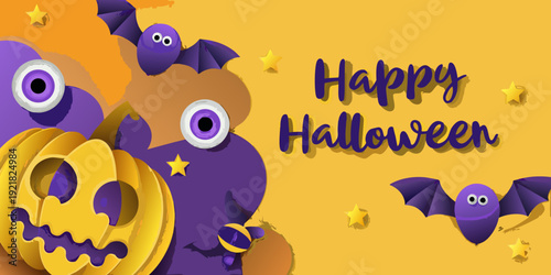 A colorful halloween illustration with bats eyes pumpkin and text