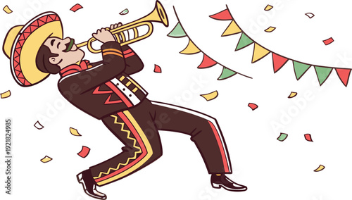 Cartoon mariachi musician playing trumpet wearing sombrero and festive outfit with confetti