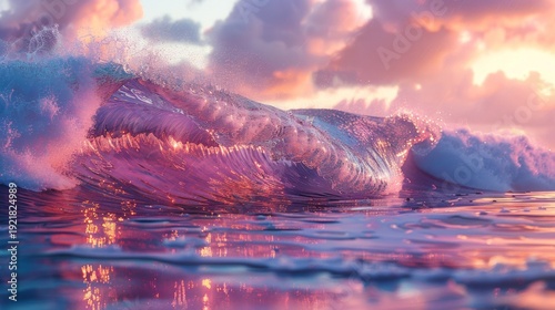 Cinematic glowing ocean wave at sunset, abstract liquid glass water splash.