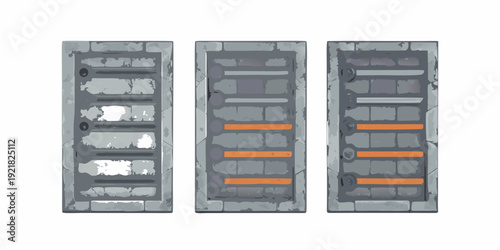 Three metallic security doors or gates with varying barred designs
