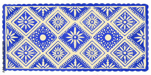 Intricate blue and white geometric diamond pattern on a rectangular surface