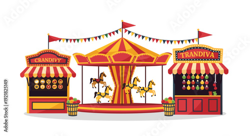 A vibrant amusement park scene with a large red and yellow carousel, flanked by two game and food booths.