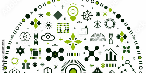 A vibrant green pattern composed of various scientific and geometric shapes