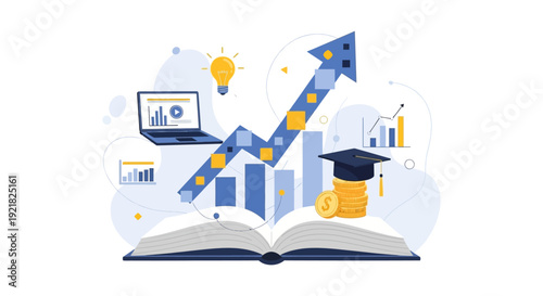 Education Investment Return: Flat Vector Illustration of Open Book, Laptop, Graduation Cap, Money Coins, and Upward Growth Chart for Career Success and Financial Progress.