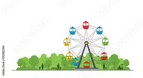 A colorful ferris wheel stands tall in a green park, surrounded by lush trees and silhouetted families walking below.