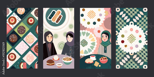 Four illustrated panels depicting food and women in traditional headscarves