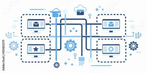 Abstract network illustration depicting data flow and interconnected digital systems