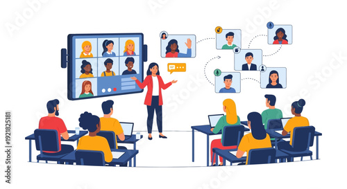 Hybrid Classroom and Business Meeting. Instructor Teaching In-Person Students and Remote Participants via Video Conference and Blended Learning Setup.