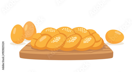 A braided challah bread with sesame seeds rests on a wooden cutting board with several brown eggs.