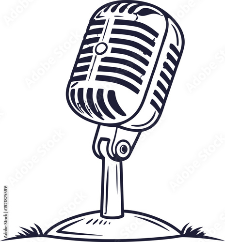 Vintage microphone on stand with grass black and white