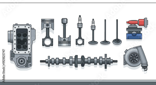 Assorted car engine components, including a cylinder head, pistons, spark plugs, valves, camshaft, and turbocharger, are neatly displayed.