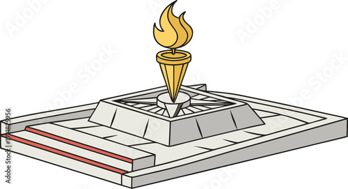Stylized golden eternal flame monument with gray base and red accents stylized golden flame