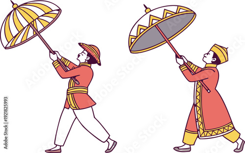 Thai officials holding ceremonial umbrellas traditional dress red and gold uniforms