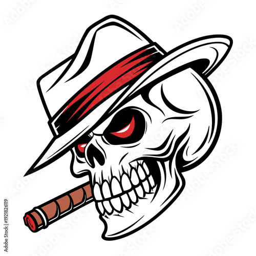 A cartoon skull wearing a hat and smoking a cigar Vector