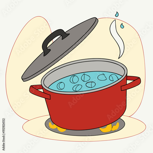 A red pot with a lid on a stove with boiling water Vector