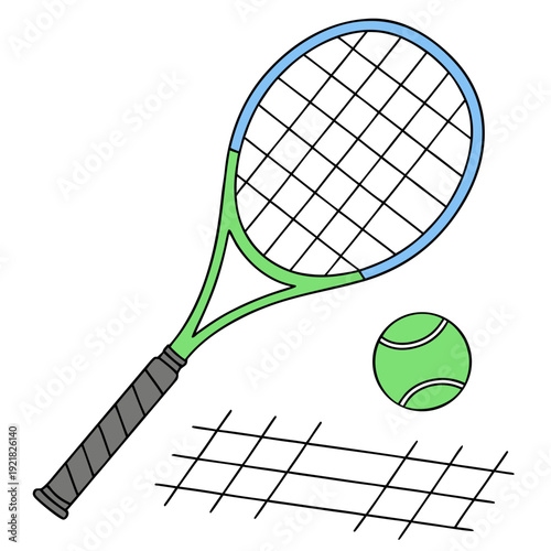 A green and blue tennis racket and ball on a court Vector