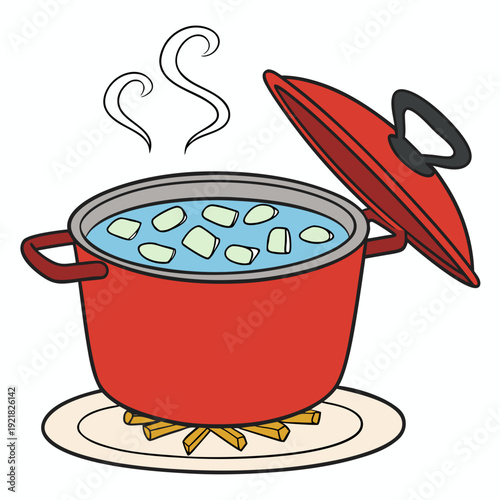 A red pot of boiling water with chunks of food Vector
