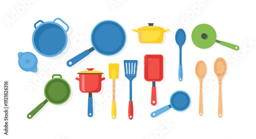 Collection of colorful kitchenware items including pots, frying pans, spatulas, wooden spoons, and ladles on a white surface.
