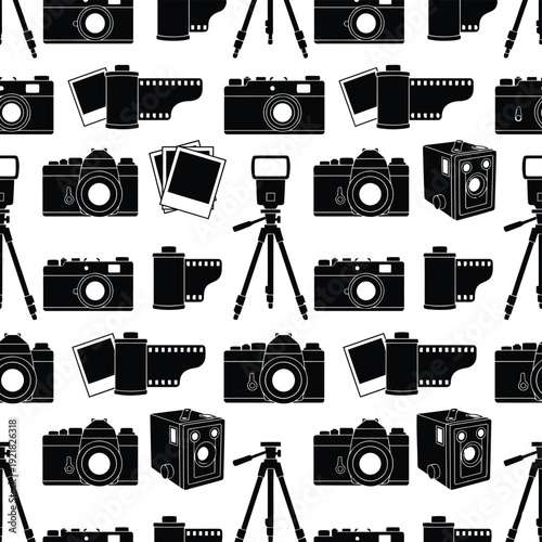 Seamless Vintage Camera Silhouette Pattern - Retro Photography Vector