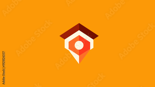 Geometric Stylized House Icon or Location Pin with Modern Flat Design on a Vibrant Orange Background, Real Estate Concept