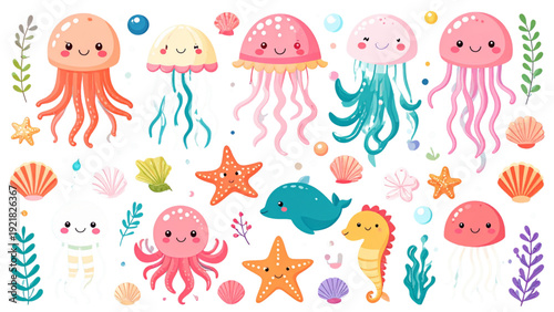Cute Sea Creature Flat Vector Set with Jellyfish, Starfish, Coral and Smiling Ocean Animals