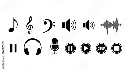Collection of music and audio icons and symbols.