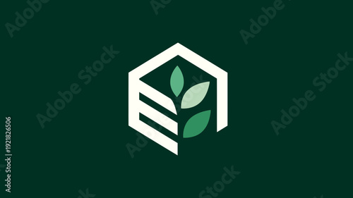 Stylized geometric eco house icon with fresh green leaves, symbolizing sustainable living, nature, growth, and eco-friendly solutions