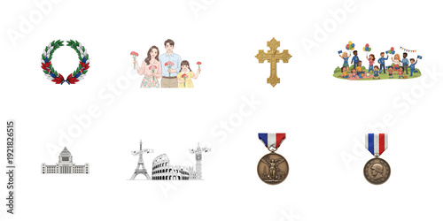 French themed and landmarks with medals isolated on a transparent background eiffel tower