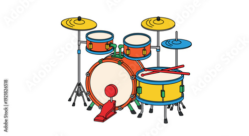 A vibrant cartoon-style drum set with multiple drums, cymbals, and drumsticks is assembled on a clean white background.
