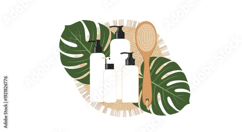 An assortment of spa and skincare products, including various pump bottles and a dry brush, arranged on a woven mat with monstera leaves.