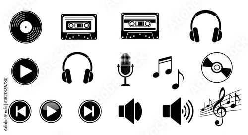 Collection of retro music icons and symbols for audio.