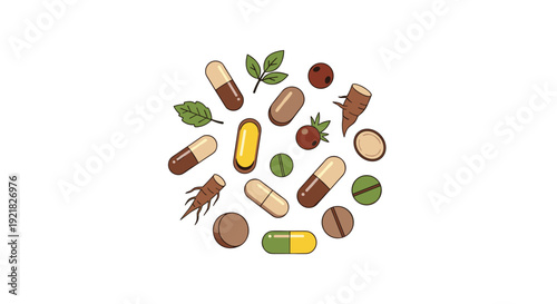 A circular composition features various herbal medicine elements including capsules, pills, leaves, berries, and roots on a white background.