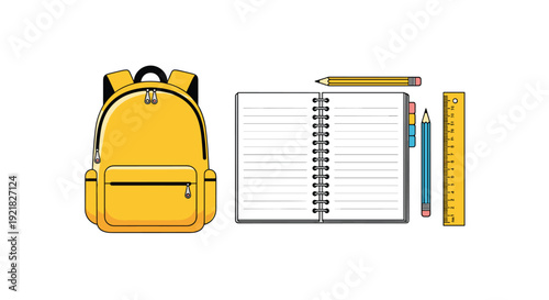 A bright yellow backpack sits next to an open spiral notebook, accompanied by a pencil and a long ruler.
