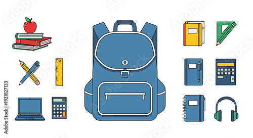 An assorted collection of diverse school supplies features a blue backpack, books, laptop, calculator, notebooks, pens, and headphones.