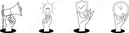 Hands holding megaphone lightbulb shield and clock icon line art vector set isolated on transparent background