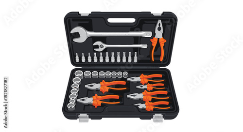 An open black toolbox displays a comprehensive set of various silver and orange hand tools, including wrenches, pliers, and sockets.