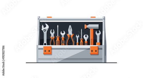 An open metal toolbox displays a collection of essential repair and construction hand tools ready for work.