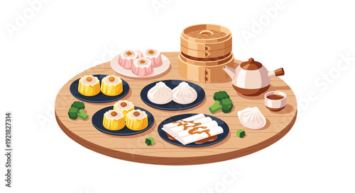 A spread of traditional Chinese dim sum dishes, a teapot, and tea is displayed on a round wooden table.