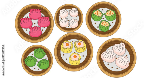 Multiple bamboo steamers are filled with a variety of colorful traditional Chinese dim sum dumplings and buns.