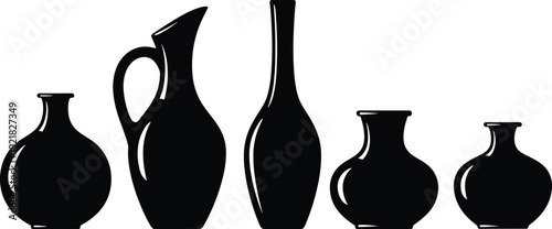 Set of ceramic vases silhouettes in black, decorative pottery collection with different shapes, minimal vector illustration isolated on white background