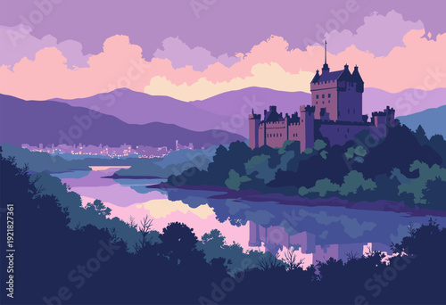 Inverness Castle overlooking River Ness Highland hills background fading into purple atmospheric perspective
