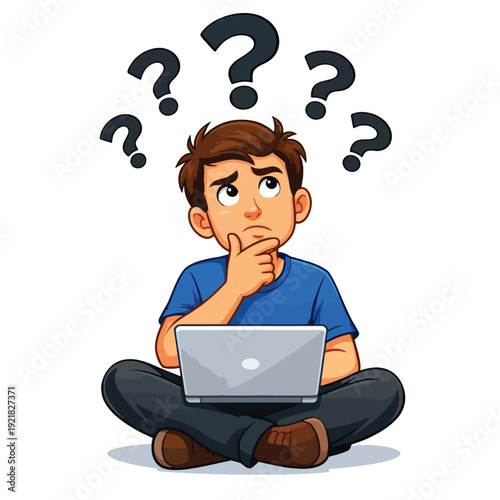 Confused young man sitting crosslegged with a laptop, thinking deeply with question marks above his head