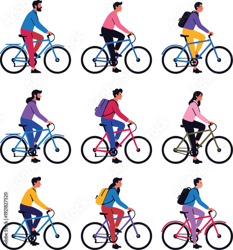 Nine diverse individuals riding bicycles in colorful clothing and accessories, displayed in a 3x3 grid, representing commuting, recreation, cycling lifestyle, and modern urban transport illustration