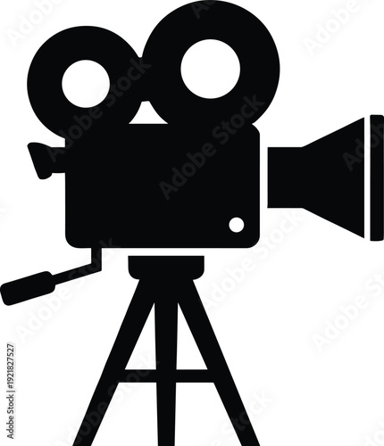 Stylized black vintage film camera silhouette icon on tripod with reels, lens hood, and crank handle for cinema motifs