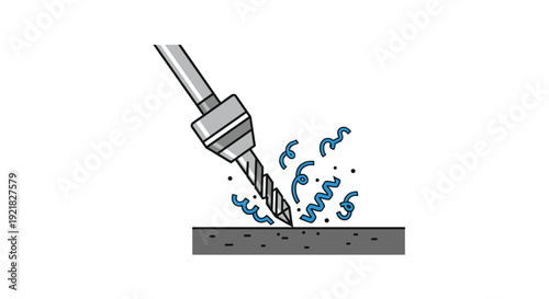 Close-up of a power drill bit drilling into a dark surface, generating blue metal shavings and debris.